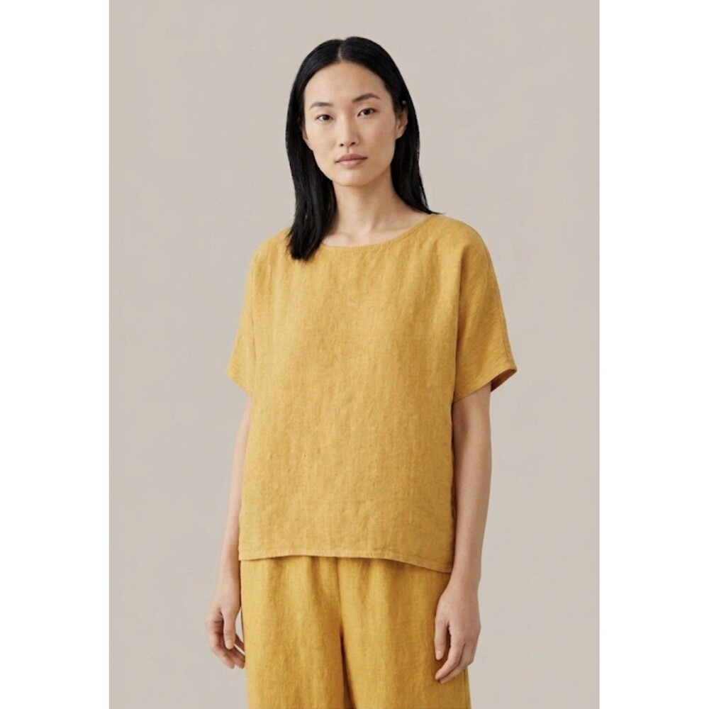 Eileen Fisher Washed Organic Linen Delave Top Large Marigold Yellow Minimalist